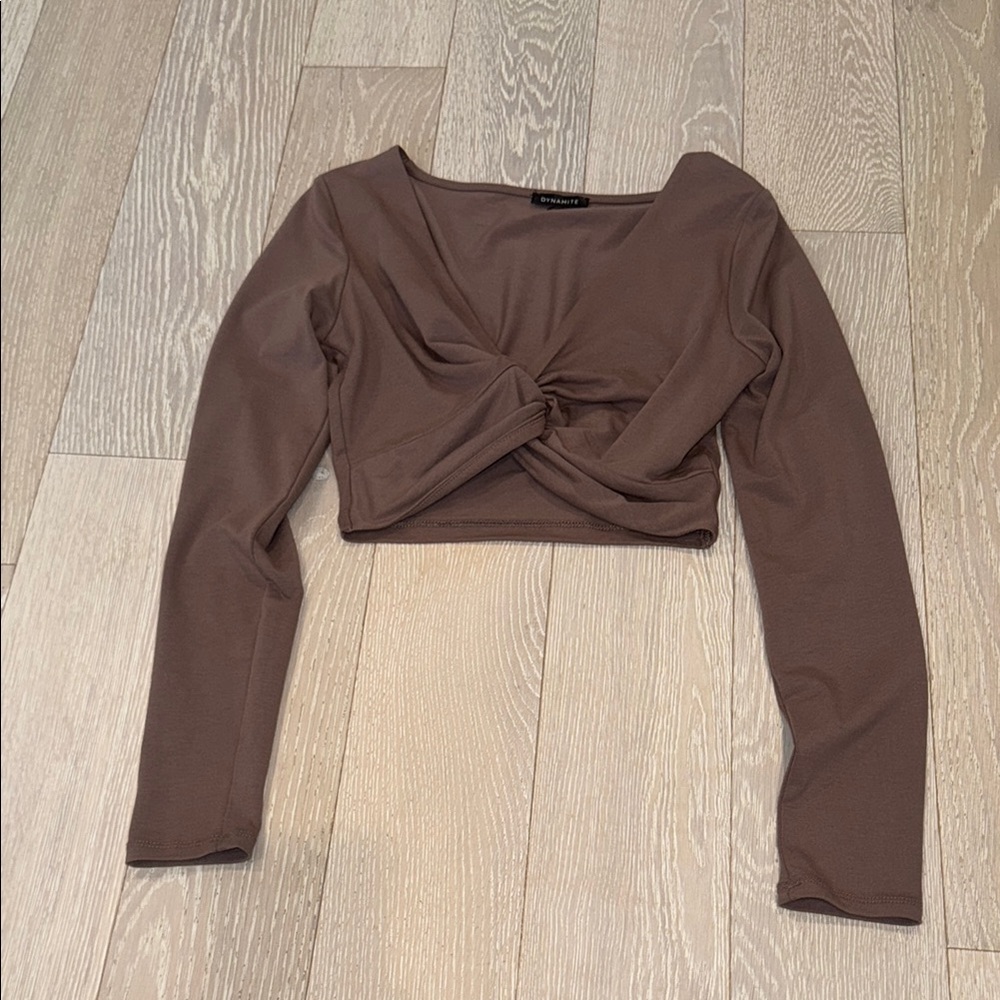Brown Long Sleeve Twist Front Top